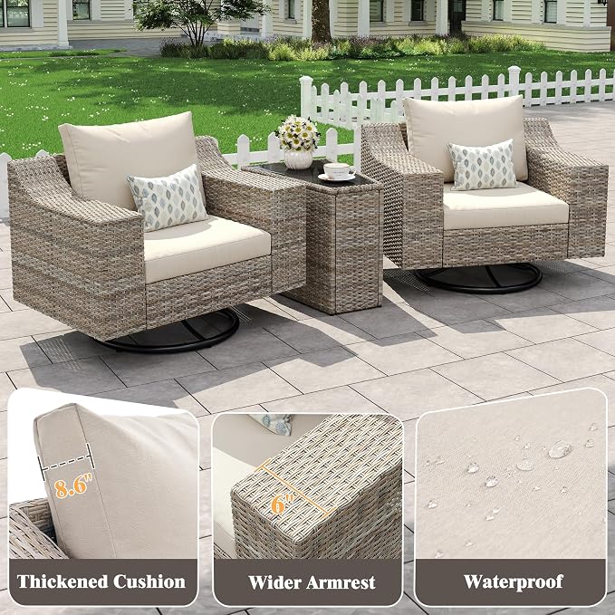 LUXOAK 3-Piece Outdoor Wicker Patio Furniture Set, 360° Swivel Rocking Chairs with Storage Side Table, PE Rattan Conversation Set with 6" Wide Armrests & Thick Cushions, for Porch/Deck/Garden/Backyard