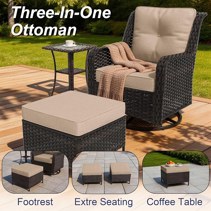 7-Piece Patio Furniture Set, Thick Wicker Outdoor Furniture Set with 2 Swivel Chairs, Outdoor Sectional Sofa Couch with Fire Pit Table, Patio Conversation Set for Backyard, Porch, Deck, Brown