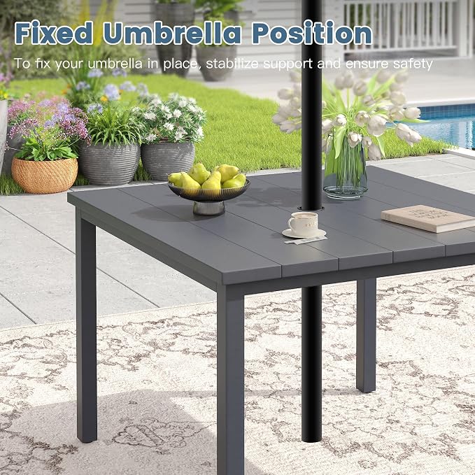 DIFY 5 Pieces Outdoor Dining Set, Metal Patio Table and Chairs Set for 4, 40.2" Square Dining Table with Umbrella Hole & Wicker Stackable Patio Chairs with Cushions, Grey Tabletop