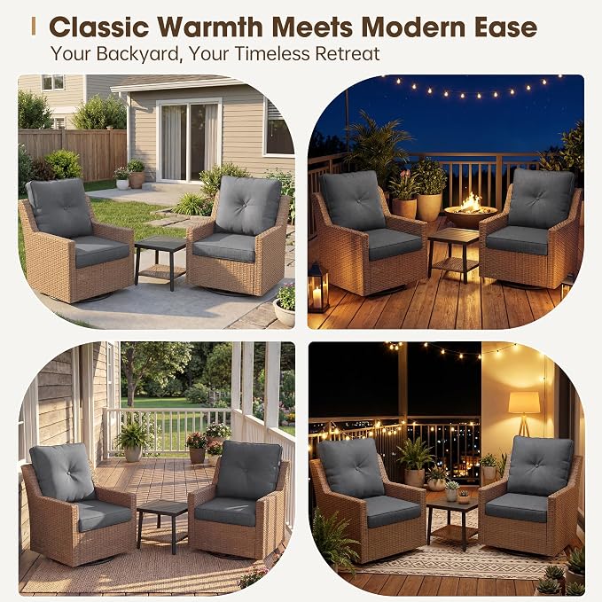 NestNook 3 Piece Patio Furniture Set, Outdoor Furniture Wicker Swivel Chairs Set of 2 with Side Table Rattan Patio Conversation Set for Balcony Deck Backyard and Poolside (Dark Grey)
