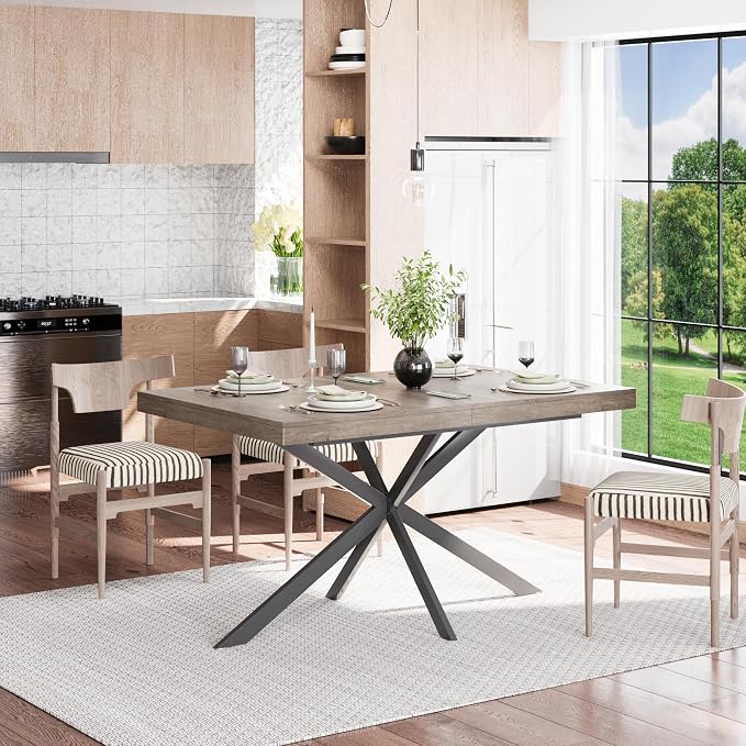 55.11" -70.86" Extendable Dining Room Table, Retro Folding Dining Tables for 4-6 People with Antique Wood Top/Black Fine Sand Cross Iron Foot Base/Storage Box, Grey