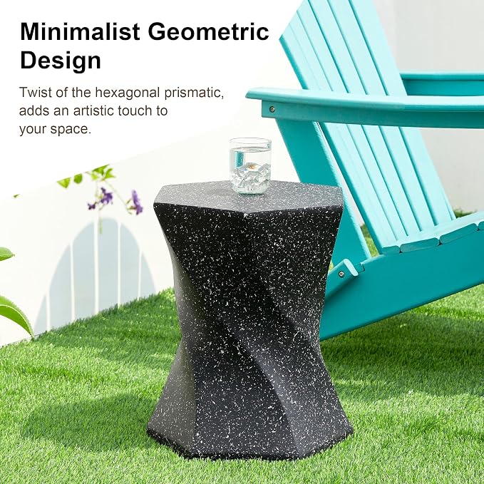 Glitzhome Outdoor Side Table Set of 2, 17.75" H Decorative Garden Stool MGO Twist Faux Terrazzo End Table, Round Planter Stand for Indoor Outdoor Living Room Bedroom Patio Deck Poolside, Black