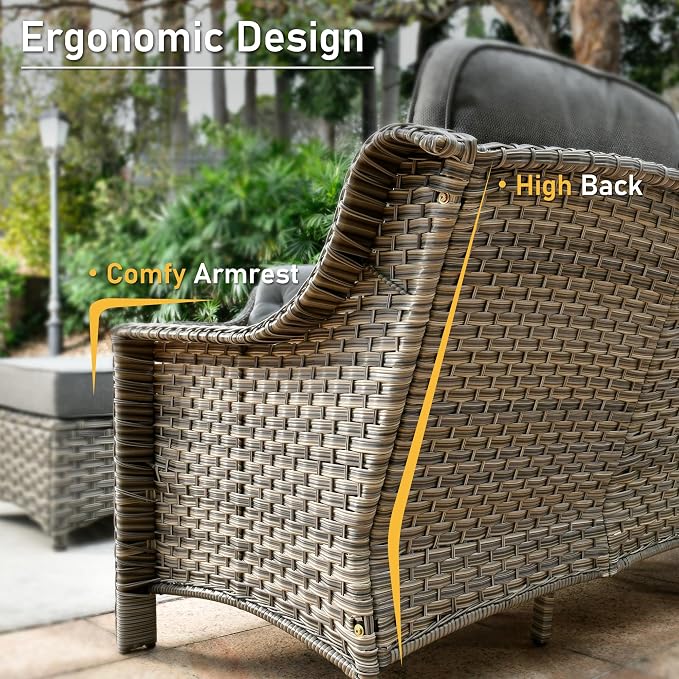 HOOOWOOO 6 Piece Patio Furniture Conversation Sets with Sola Light Table,Outdoor Wicker Furniture with Ottoman, All Weather Resistant Outside High Back Rattan Patio Set(Dark Grey Gray)