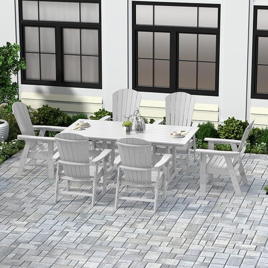 WestinTrends Dylan Adirondack Outdoor Dining Set for 6, All Weather Poly Lumber Patio Table and Chairs Set of 6, 71" Trestle Outdoor Table and Seashell Adirondack Dining Chair, White