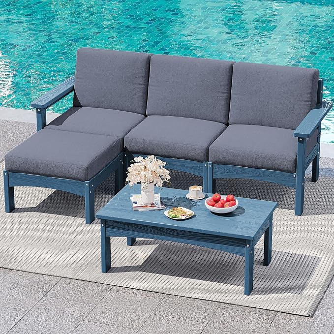SERWALL 5-Piece Patio Sofas, All-Weather HDPE Outdoor Sectional Sofa with Cushions and Coffee Table, Large Modular Patio Conversation Set for Garden, Lawn, Deck, Porch, Blue Frame with Grey Cushion