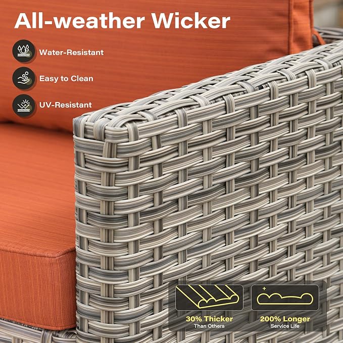 7 Pieces Patio Furniture Set with Solar Light Coffee Table, All-Weather Rattan Outdoor Sectional Conversation Sets L Shaped Sofas with Thick Cushions for Porch Balcony Backyard Orange