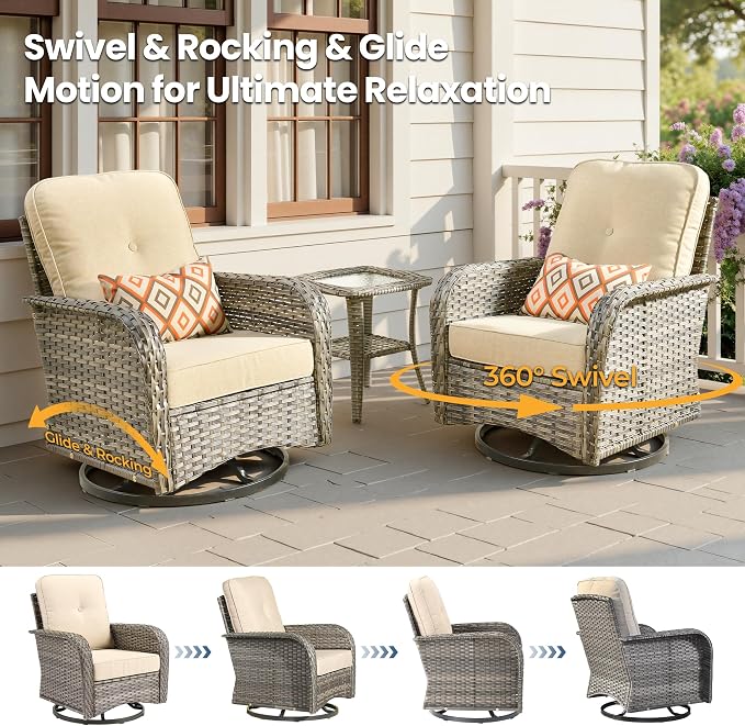 7 Piece Wicker Patio Furniture Set with Swivel Chairs,Beige | High Back Swivel Rocker Chairs, Outdoor Loveseat Sofa, Coffee Table, Rattan Conversation Set, Porch Deck Backyard Poolside