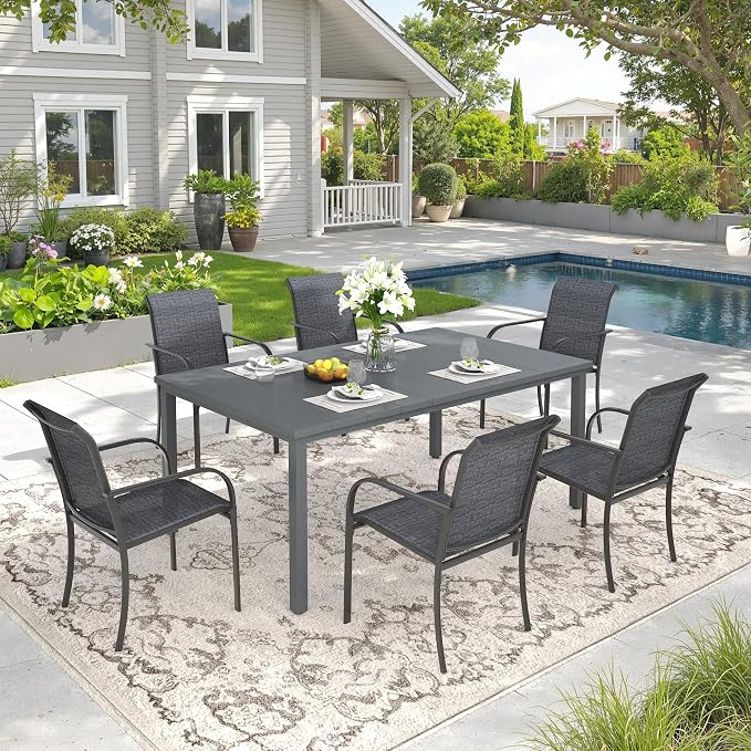 DIFY 7 Pieces Outdoor Patio Dining Set for 6, 63" Grey Rectangle Metal Dining Table and 6 Grey Stackable Sling Dining Chairs, Outdoor Table and Chairs for Lawn Garden Backyard Deck
