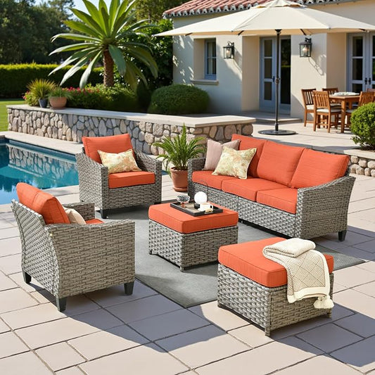 CAODOC 5 Pcs Patio Conversation Set for 7 Seats, Rattan Wicker Outdoor Patio Furniture Set, 2 x Single Chair, 2 x Ottoman, 3-Seat Sofa for Lawn Garden Backyard(Red)