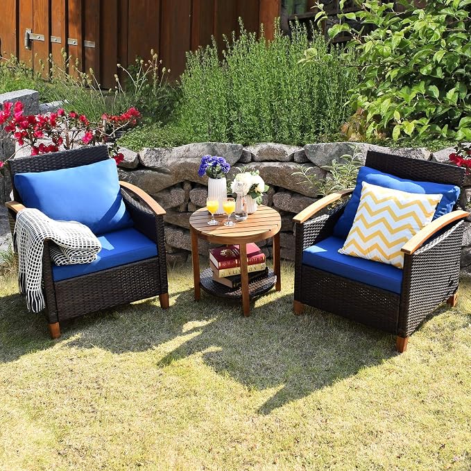 COSTWAY 3PCS Patio Rattan Furniture Set, Outdoor Solid Wood Frame Cushion Sofa with Round Table for Garden Porch Backyard Poolside (Blue)
