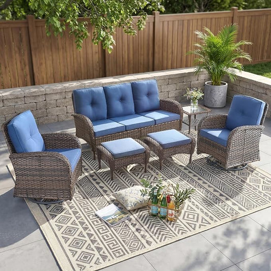 6 Piece Patio Furniture Set - Wicker Patio Conversation Set with Swivel Glider, 3-Seater Sofa, Tempered Glass Side Table and 2 Ottomans for Deck Backyard - Brown Wicker Blue Cushion