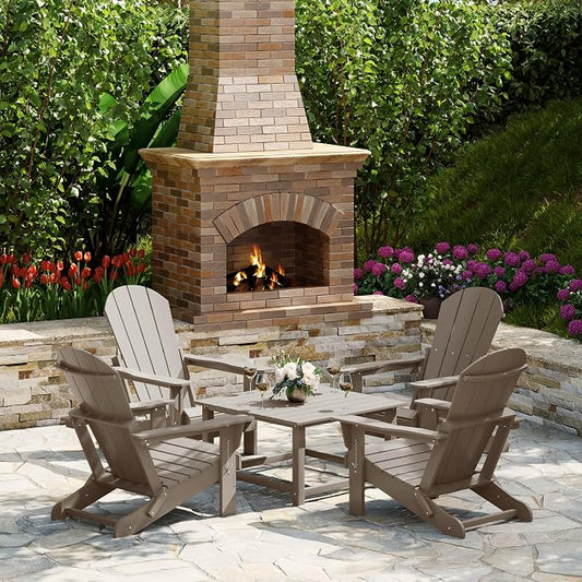Costaelm Patio Conversation Set, 5 piece Balcony Furniture, Small Patio Firepit Furniture Outdoor Adirondack Square Coffee Table and Chair for Backyard Lawn Porch Pool Garden, Weathered Wood