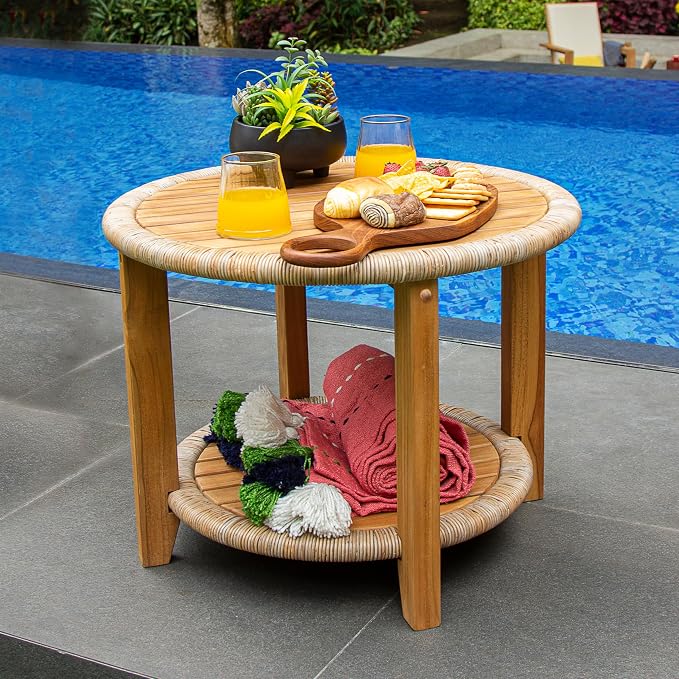 Cambridge Casual Seaside Outdoor Side Table, Natural Teak/All-Weather Wicker