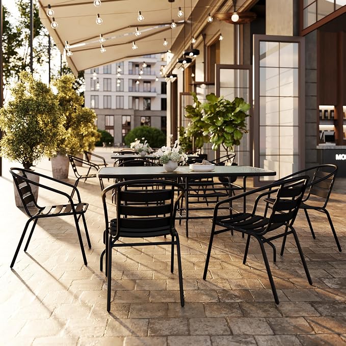 Flash Furniture Lila 7-Piece Glass Patio Table and Chairs Set, Outdoor Patio Dining Set with Rectangular Table and 6 Slat Back Patio Chairs, Black | Umbrella Hole, 55 in Tempered Glass, Aluminum Slat Back Stack Chairs