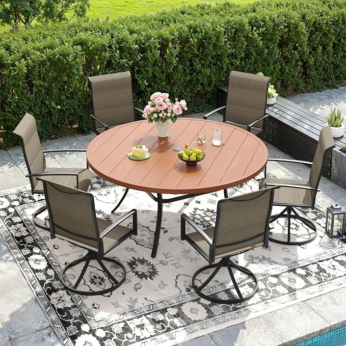 DIFY 7 Piece Outdoor Patio Dining Set for 6, 50" Walnut Round Metal Dining Table and Swivel Patio Chairs with Brown Padded Textilene, All-Weather Outdoor Furniture Set for Garden Backyard Porch
