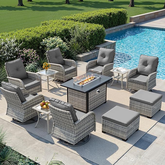 12-Piece Small Patio Furniture Set, Outdoor Swivel Rocking Chairs Set with 55,000 BTU Fire Pit Table Wicker Chairs and Ottomans, Patio Bistro Set for Balcony, Deck, Porch, Grey