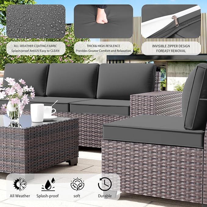 12 PCS Outdoor Patio Furniture Set,Outdoor Sectional Furniture All Weather PE Rattan Wicker Patio Conversation Set with 2 Coffee Tables and 10 Thickened Cushions,Grey