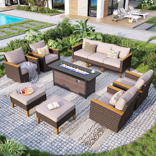 GREEN PARTY 9 Pieces Wicker Patio Furniture Set with 56" Fire Pit Table, All-Weather Outdoor Rattan Patio Sectional Sofa Conversation Set 9 Seats for Garden, Backyard, 4 x Swivel Chairs