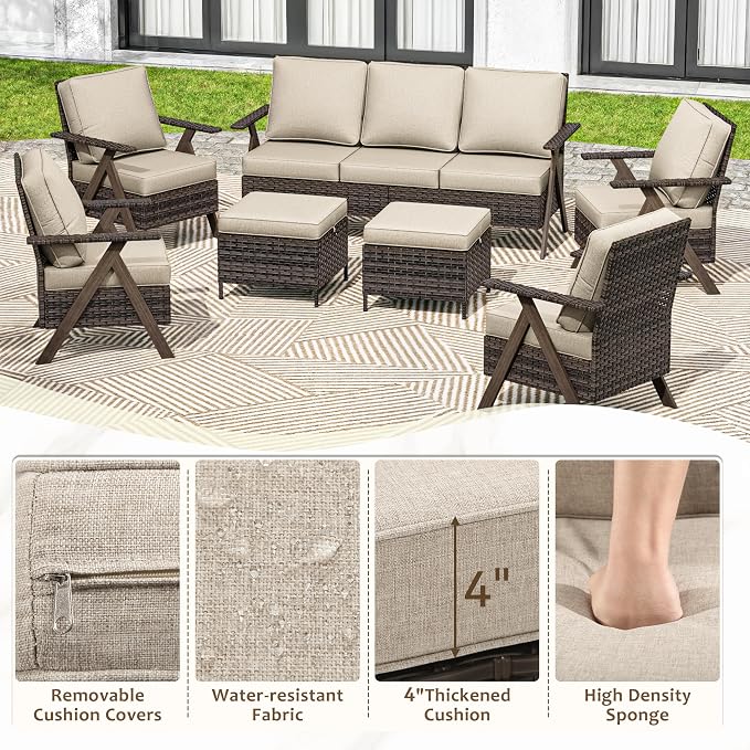 7 Pieces Patio Furniture Set,Outdoor Sofa & High Back Wicker Patio Chairs, Patio Conversation Set with Ottoman for Deck Yard and Poolside