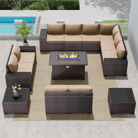 13 PCS Outdoor Patio Furniture Set,Outdoor Sectional Furniture with 43" 55000 BTU Gas Propane Fire Pit Table,All Weather PE Rattan Wicker Patio Conversation Set,Sand