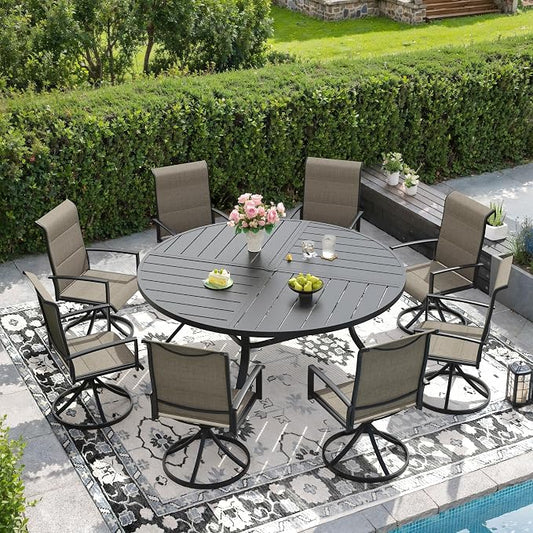 DIFY 9 Piece Outdoor Dining Set, Metal Patio Table and Chairs Set, 59.8" Black Round Dining Table & 8 Brown Padded Textilene Swivel Patio Chairs, Outdoor Furniture Set for Garden Backyard Porch