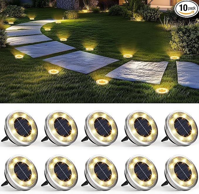 SOLPEX 10 Pack Solar Ground Lights Outdoor, Backyard Decor Warm White | IP65 Waterproof Stainless Steel Landscape Lighting for Walkway, Driveway, Pathway, Garden, Patio