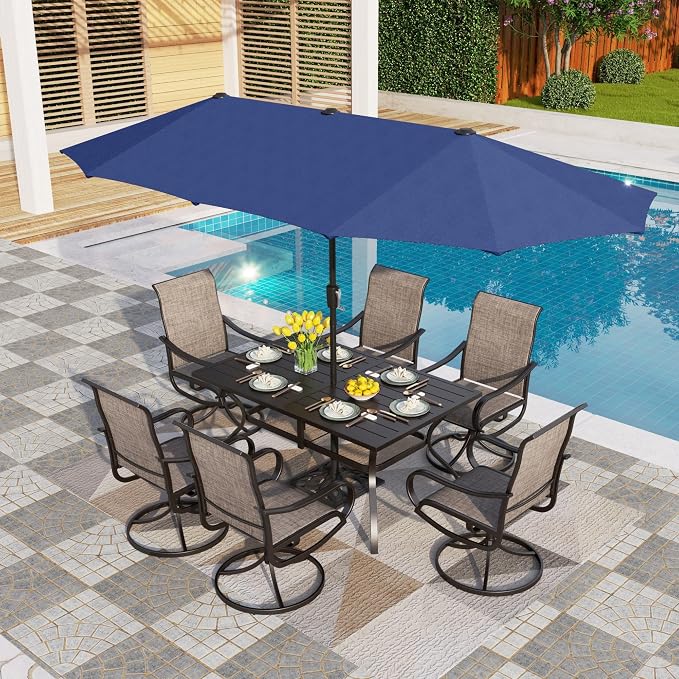 PHI VILLA Patio Dining Set with 13ft Umbrella for 6, Swivel Mesh Chairs | 60'' metal rectangular table, 6 brown outdoor textilene chairs and 13ft navy blue umbrella(NO BASE) for deck, garden, yard