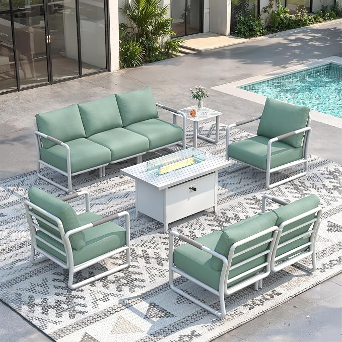 Outdoor Aluminum Patio Furniture Set with 43" Fire Pit Table,7-Seat Outdoor Conversation Set with 6.5" Thick Cushions & Coffee Table, All-Weather Patio Set for Backyard，White