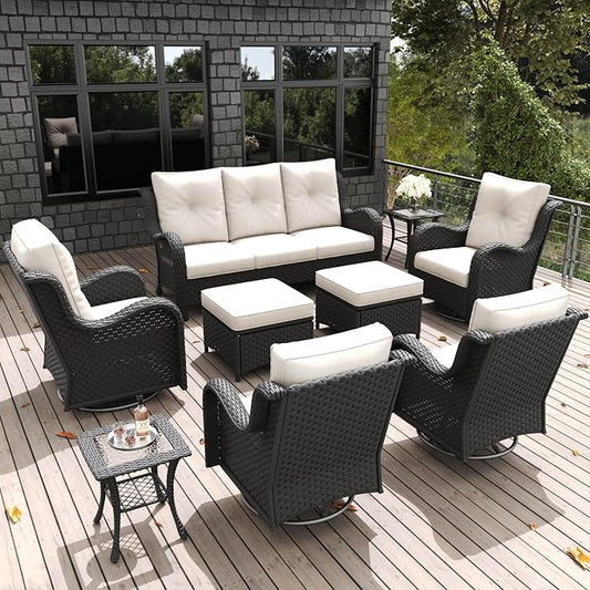 LayinSun 9 Pieces Outdoor Patio Furniture Set, Rattan Wicker Sectional Swivel Rocker Chairs Sets with Ottomans, Swivel Glider Chairs and Coffee Table