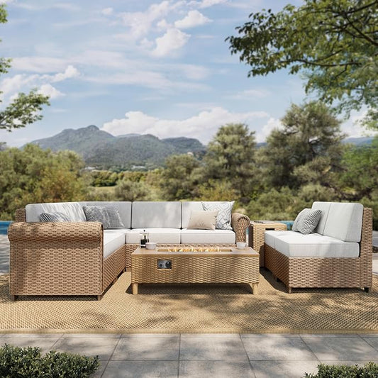 HERA'S HOUSE Patio Furniture Set, All Weather 7 Seats Outdoor Sectional Wicker Sofa with Fire Pit Table, 5.5" Thick Waterproof Cushion 9 Piece Modular Conversation Set for Garden Deck Backyard