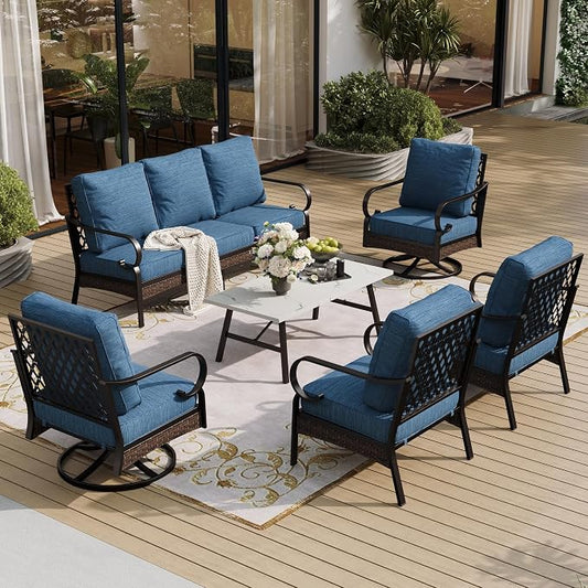 SUNSHINE VALLEY 6 Piece Metal Outdoor Patio Furniture Set - 1 3-Seater Sofa, 2 Fixed & 2 Swivel Sofas with 5.75" Thick Cushion & Coffee Table - Black & Blue