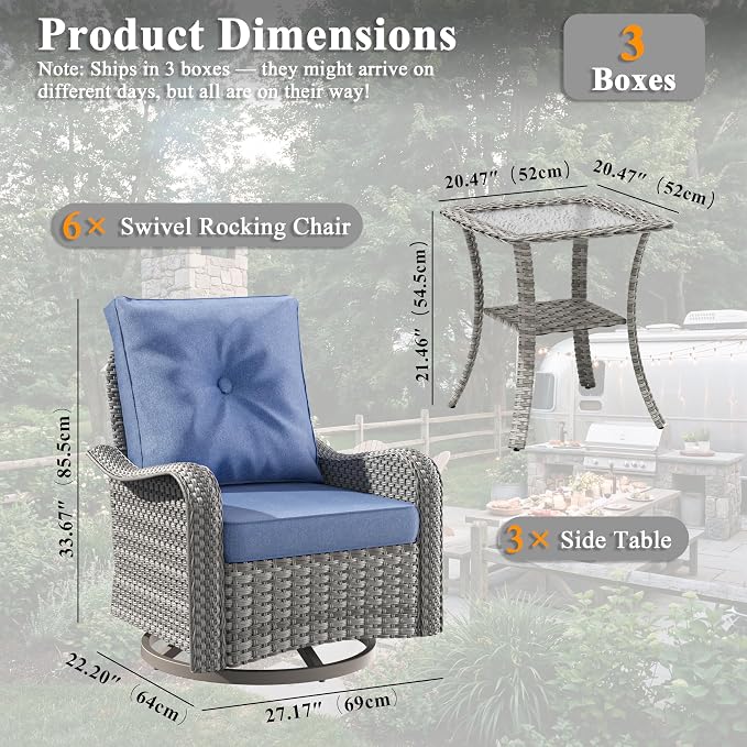9 Piece Wicker Patio Furniture Set, Swivel Rocking Chairs with 4''Cushions, PE Rattan, Rust Resistant Frame, Double Layer Glass Side Table, for Backyard, Deck or Balcony, Navy