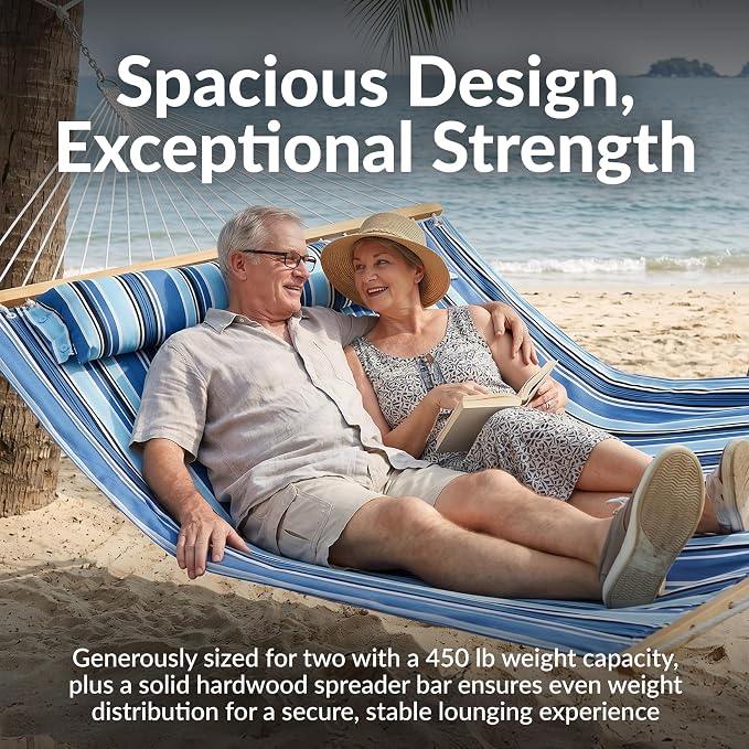 Sunnydaze Quilted Double Hammock for Outside with Spreader Bars and Pillow - 450 lb Capacity, 74x55 Inch Bed, UV Resistant, Quick Dry - Chains Included, Stand Sold Separately - Misty Beach
