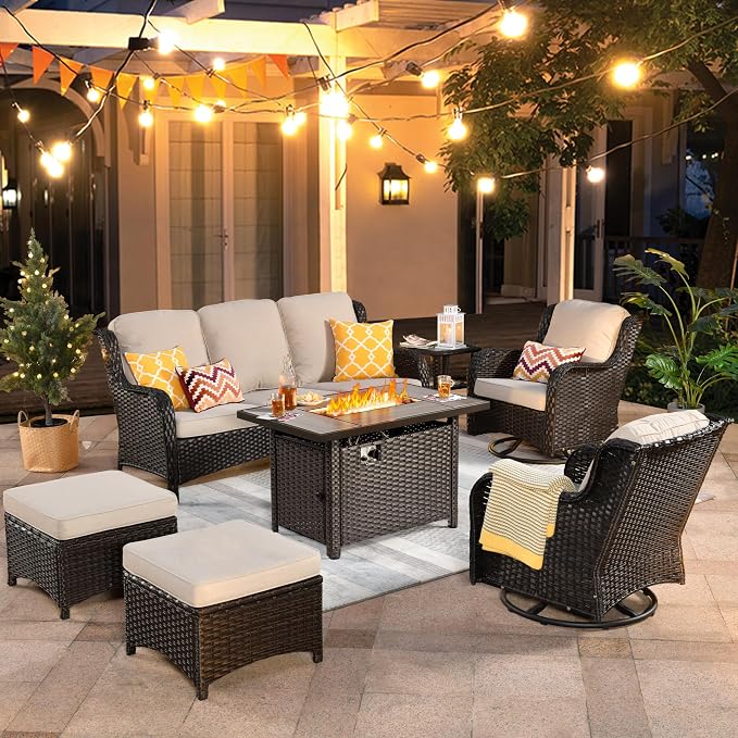 ovios 7-Pieces Patio Furniture Set with 42" Fire Pit Table Swivel Chairs, Outdoor Wicker Sofa Couch Gliders Rocker, High Back Modern Conversation Set, Brown Rattan, Beige