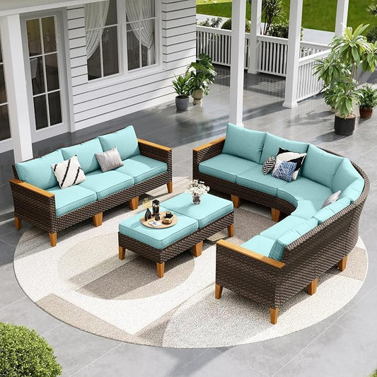 Sophia & William Outdoor Wicker Sectional Sofa Set, 11 Piece Half Moon Curved Patio Furniture Modern Round Outdoor Couch Conversation Set with Ottoman for Backyard, Pool, Garden(Aqua Blue)