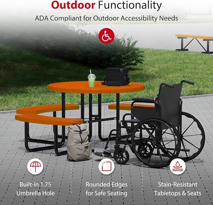 Leisure Craft Metal Picnic Table with Bench - 46" Round Outdoor Dining Table with Umbrella Hole, Heavy Duty Thermoplastic Coating, ADA Compliant, Commercial Grade Furniture Made in USA - Orange