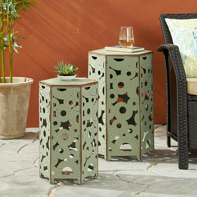 Accent Table Set, 2 Antique Green Iron Side Tables, 14.25" D x 12.5" W x 22" H, 9.81 Pounds, 100 Pounds Weight Capacity, Iron Frame, Wipe with Dry Cloth, for Indoor & Outdoor Use