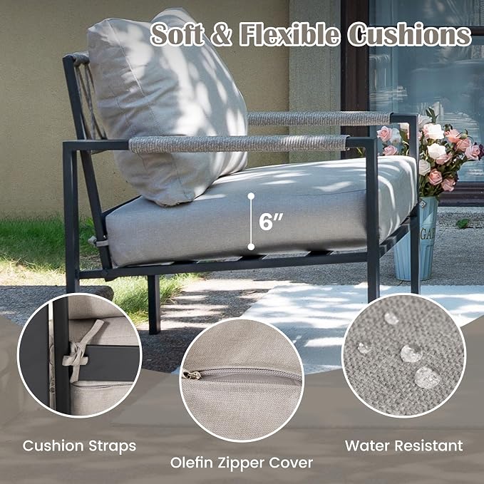 6 Pieces Rattan Outdoor Furniture Set, All-Weather Patio Conversation Set with Warm Grey Cushions, Coffee Table and 28" Fire Pit Table for Garden, Backyard, Balcony, Poolside
