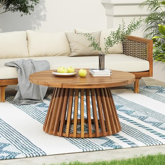Christopher Knight Home Hakee Acacia Wood Patio Coffee Table, Round Table with Unique Wooden Base for Backyard, Balcony, Stylish Indoor/Outdoor Table, Easy Assembly, 31.5" x 31.5" x 16", Teak