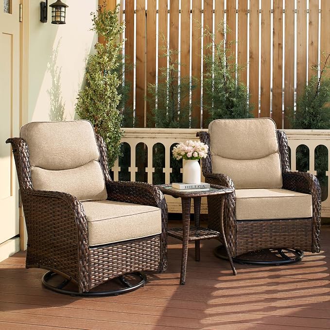 HILLGA Luxury Outdoor Patio Furniture Set with 6-Inch Thick Cushions, High Back Wicker Swivel Rocker Chairs, 3 Pcs All Weather Chairs Set for Small Porch, Deck and Sunroom, Beige (V3)