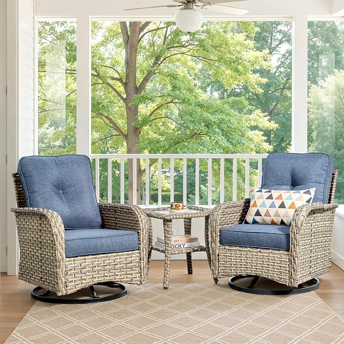 Swivel Patio Chairs Set of 2, Outdoor Wicker Rocker Glider Chair with Coffee Table, Modern Comfy Patio Furniture Sets for Porch Balcony Sunroom, Denim Blue