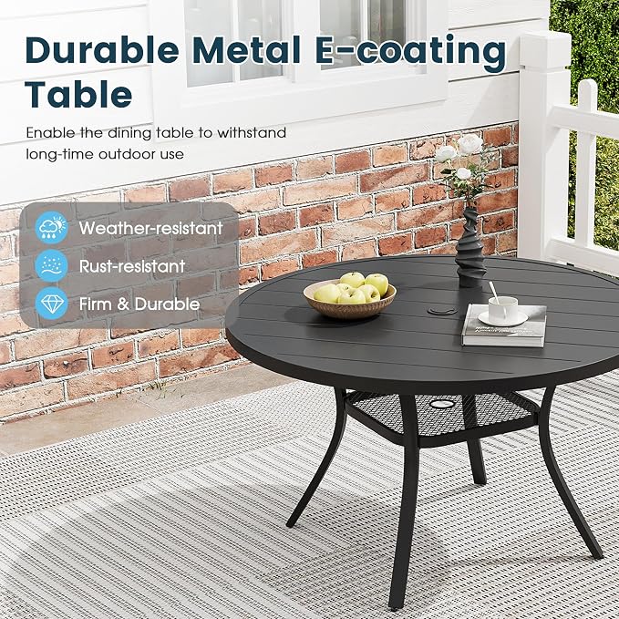 5 Pieces Outdoor Patio Dining Set, 40.6" All Weather Round Metal Table with Umbrella Hole and Storage Shelf, 4 High Back Textilene Swivel Chairs for Garden, Lawn, Black Table & Blue Chairs