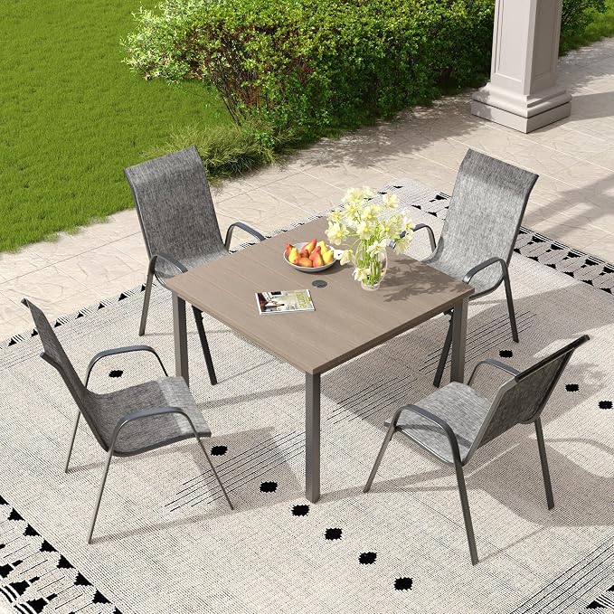 5 Pieces Outdoor Dining Set, 40.2" Square Table with Umbrella Hole & Stackable Patio Dining Chairs, Patio Table and Chairs Set for Deck Garden Porch, Grey Chairs & Grey Table
