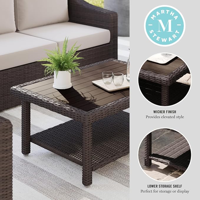 Martha Stewart Bedford Indoor-Outdoor Patio Coffee Table with Lower Shelf, Faux Wood Top, and Rattan Wicker Finish in Brown