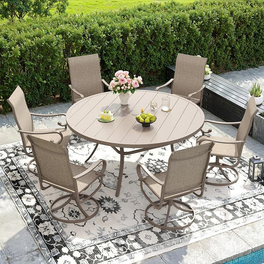 DIFY 7 Pieces Outdoor Dining Set for 6, Outdoor Furniture Set of 6 Textilene Swivel Patio Chairs, 50" Round Metal Dining Table with Umbrella Hole, for Garden Deck Backyard, Sandshell