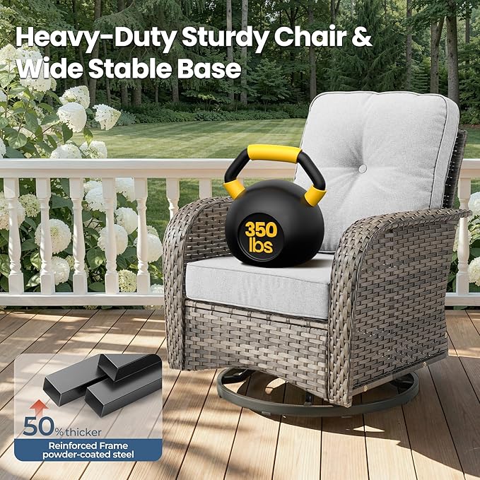 7 Piece Wicker Patio Furniture Set with Swivel Chairs, Light Gray | High Back Swivel Rocker Chairs, Outdoor Loveseat Sofa, Coffee Table, Rattan Conversation Set, Porch Deck Backyard Poolside
