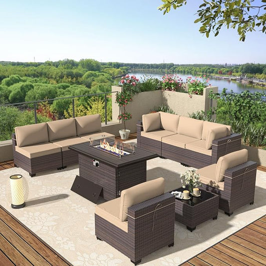 Patio Furniture Set with Fire Pit Table 10 Pieces Outdoor Sectional Sofa Set,PE Rattan Wicker Patio Conversation Set w/43in 55000 BTU Propane Fire Pit Table,Sand