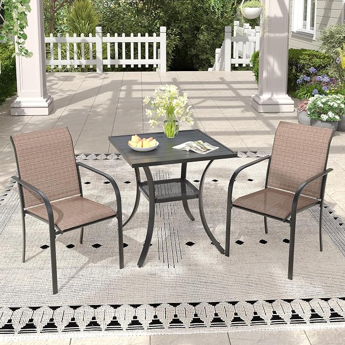 3 Pieces Outdoor Dining Set, Stackable Textilene Paito Chairs & 27.5" Square Dining Table with Shelf, Patio Dining Set for Backyard, Deck, Garden, Brown & Black