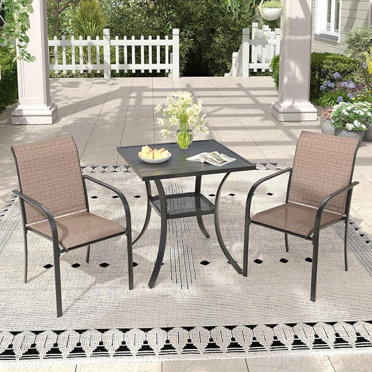 3 Pieces Outdoor Dining Set, Stackable Textilene Paito Chairs & 27.5" Square Dining Table with Shelf, Patio Dining Set for Backyard, Deck, Garden, Brown & Black