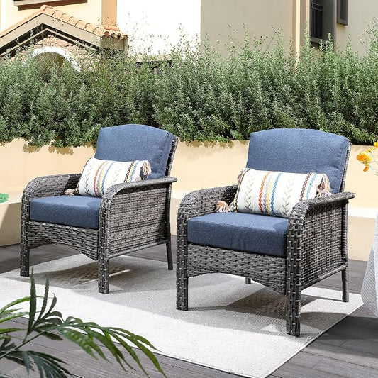 CAODOC 2 Pack Wicker Patio Furniture Chairs,Outdoor Rattan Chairs with Armrest Support 250 lb,Blue